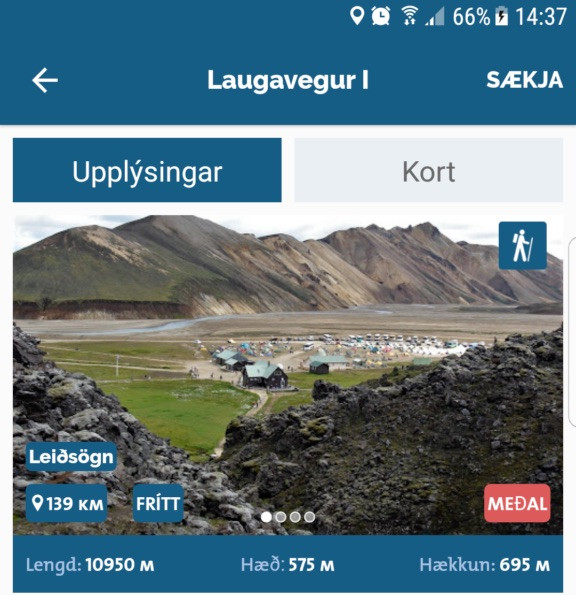 Skjáskot úr Wapp-Walking app sem sýnir upphaf fyrstu dagleiðarinnar á Laugaveginum.